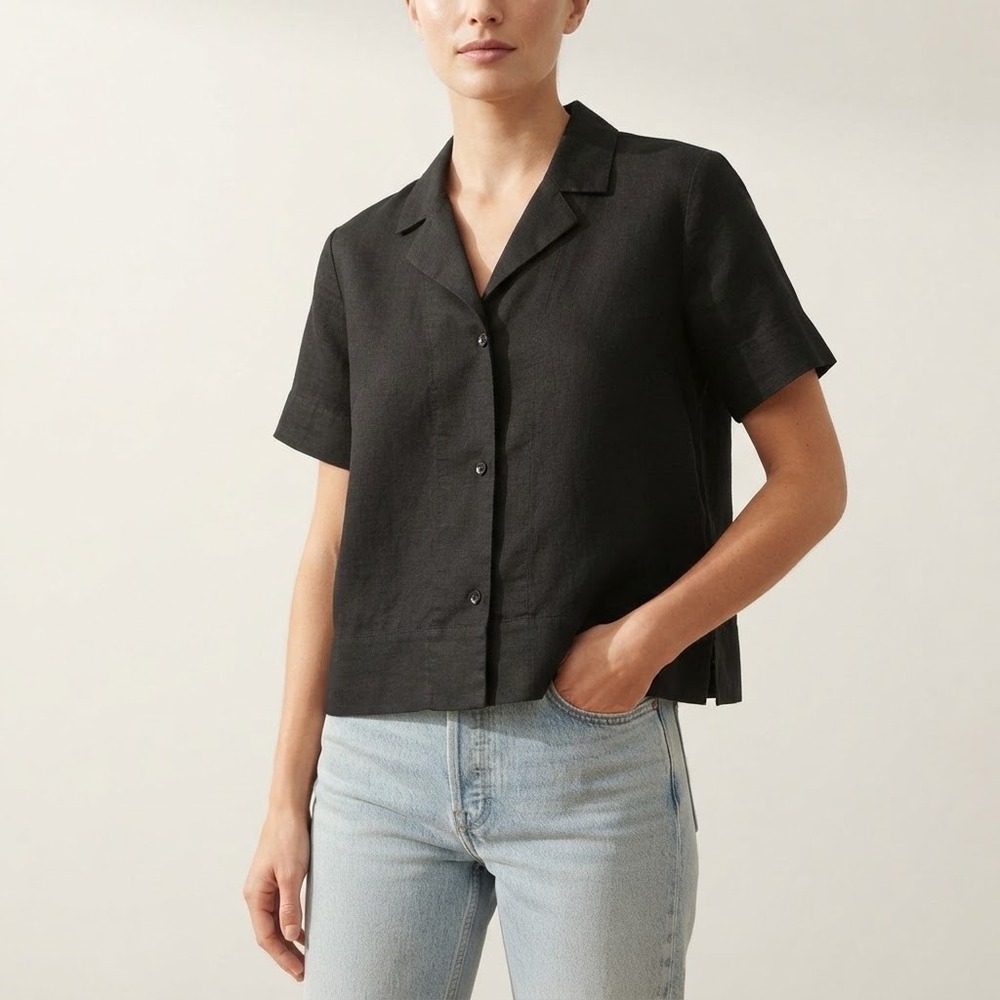 Everlane Black 100% European Flax Linen Short Sleeve Camp Shirt Top Boxy Small S